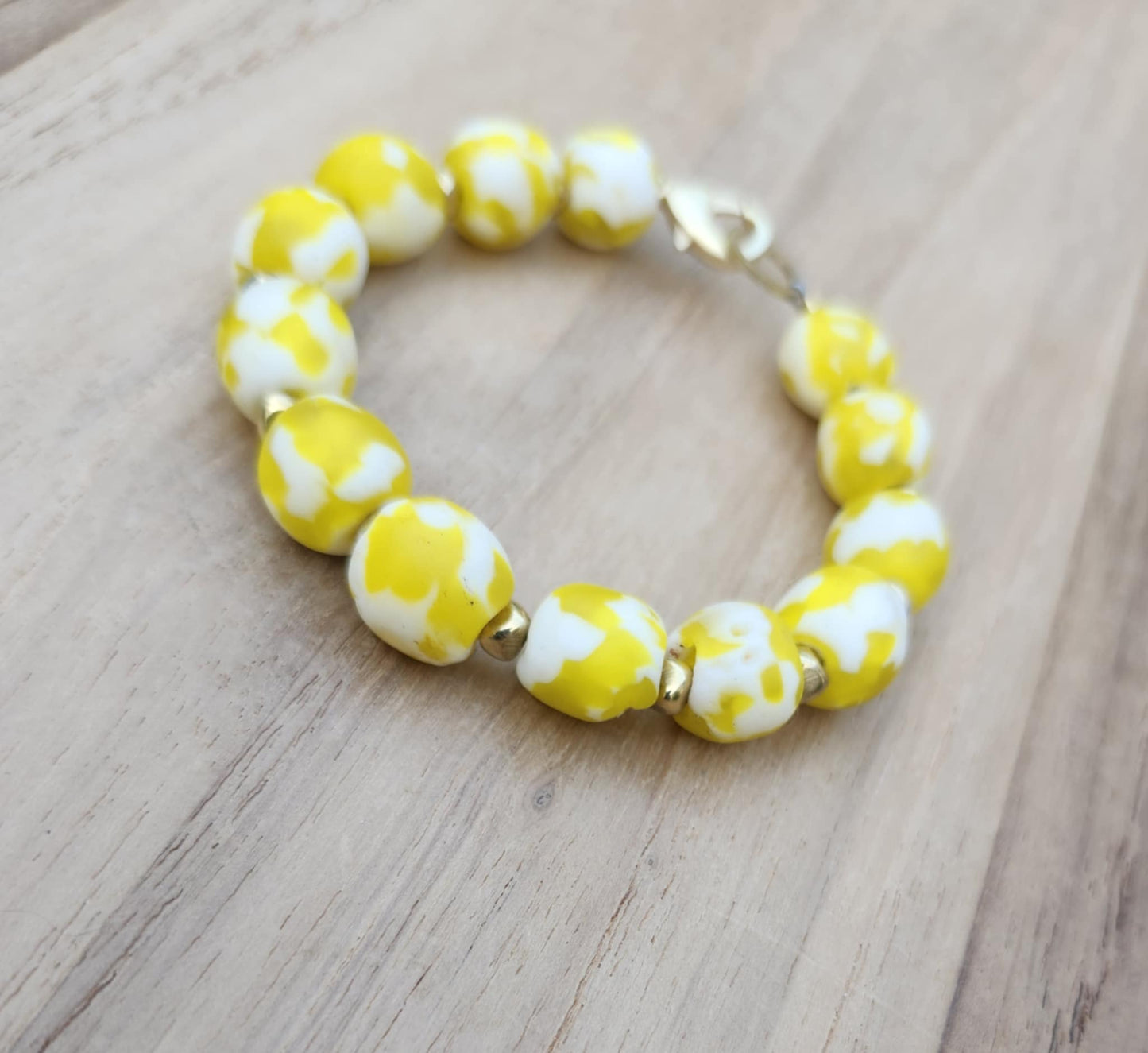 Happiness bracelet of yellow Ghana Krobo recycled glass beads