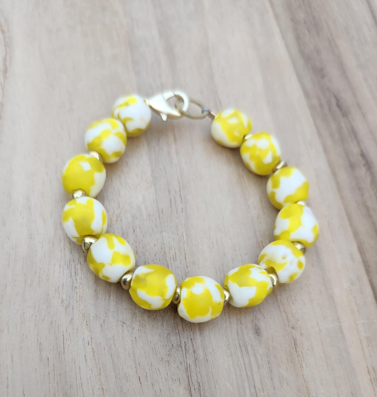 Happiness bracelet of yellow Ghana Krobo recycled glass beads