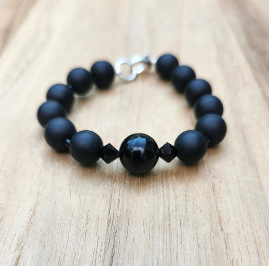 Dark Moon bracelet of Black Tourmaline and black recycled glass beads