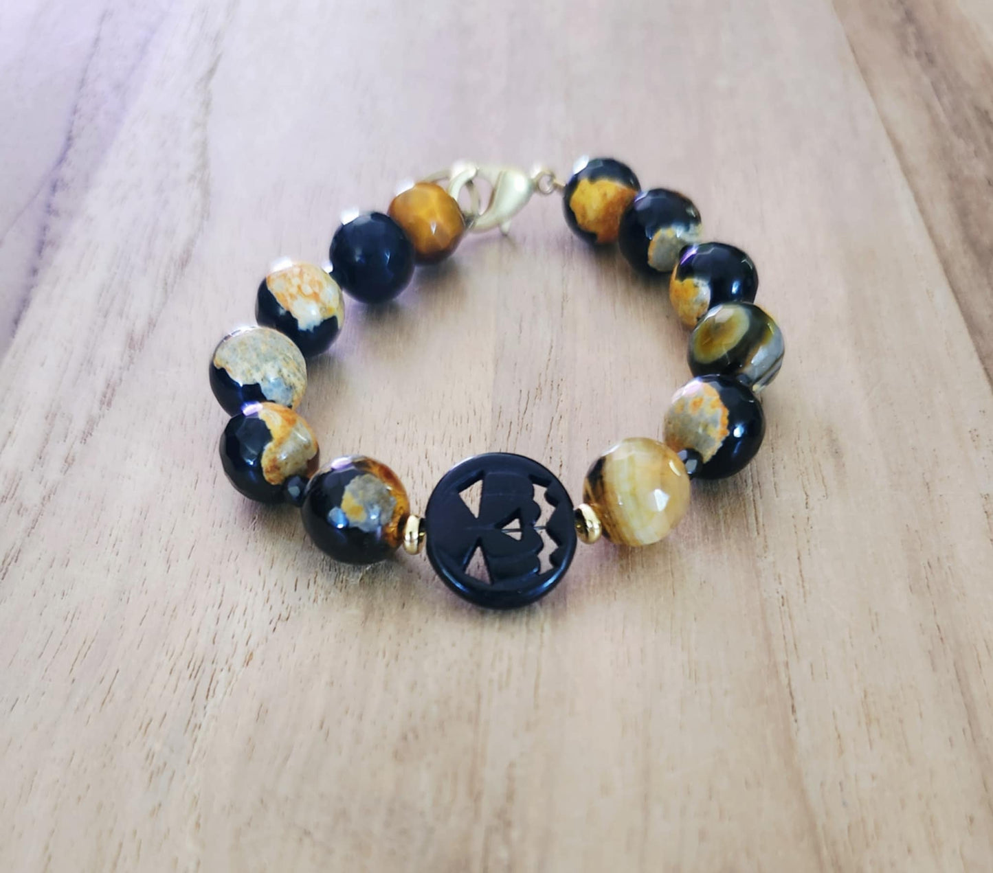 Orange, Black and Brown Fire Crackle Agate Halloween bracelet