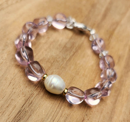 Love bracelet of pink glass nugget beads and pearl