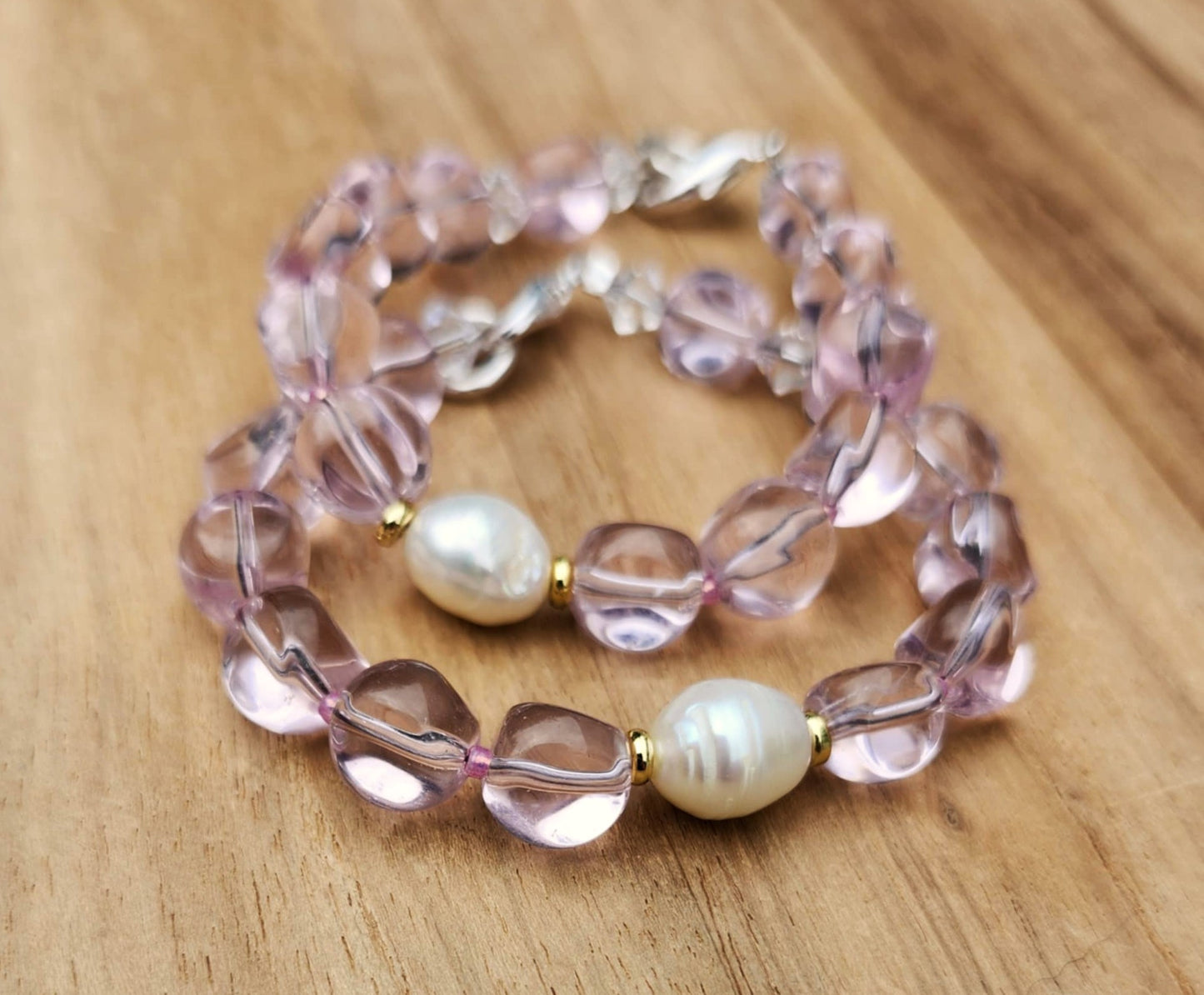 Love bracelet of pink glass nugget beads and pearl