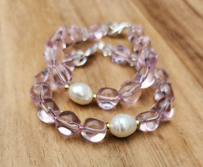 Love bracelet of pink glass nugget beads and pearl