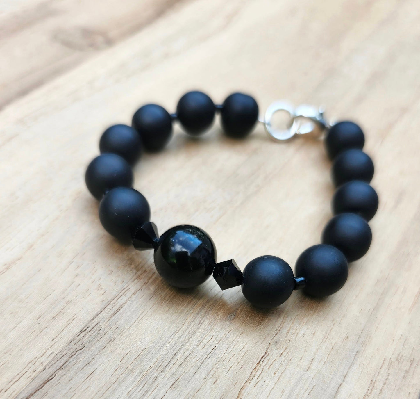 Dark Moon bracelet of Black Tourmaline and black recycled glass beads