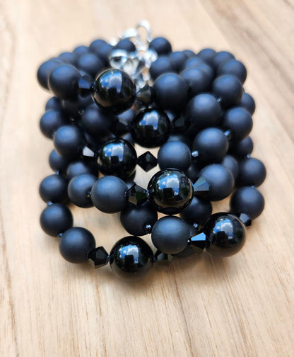 Dark Moon bracelet of Black Tourmaline and black recycled glass beads